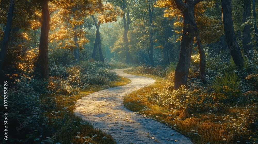 Obraz premium A winding path through a lush forest, bathed in the golden light of the setting sun.
