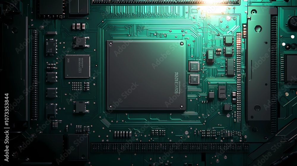 Fototapeta premium Seamless microchip texture, showcasing electronic circuit designs with intricate details, providing a modern tech-inspired backdrop for various digital projects