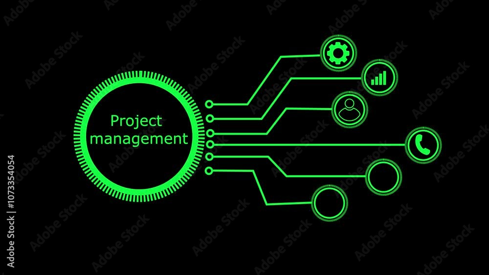 Project Management business concept on a flashing computer monitor with moving graphs and data. Dark background. Project Management business concept on a flashing computer monitor with moving graphs and data. Dark background.