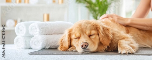 Dog at a petfriendly spa, relaxing on a mat while owner enjoys spa treatment, luxurious vibe