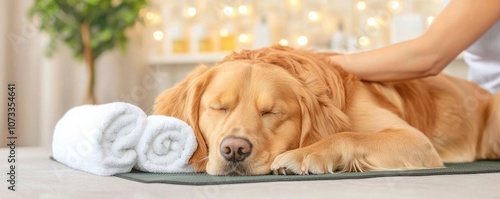 Dog at a petfriendly spa, relaxing on a mat while owner enjoys spa treatment, luxurious vibe