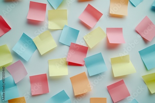 Colorful sticky notes scattered on a white surface create a vibrant and playful workspace atmosphere