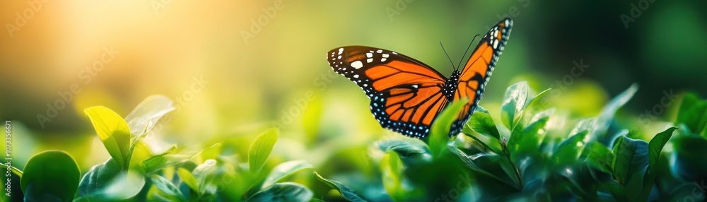 Naklejka premium A vibrant butterfly perched on lush green leaves, illuminated by soft sunlight, showcasing the beauty of nature and delicate wings.