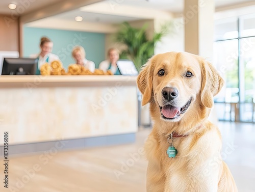 Dogfriendly hotel lobby with dog treats at the counter, friendly staff welcoming pets