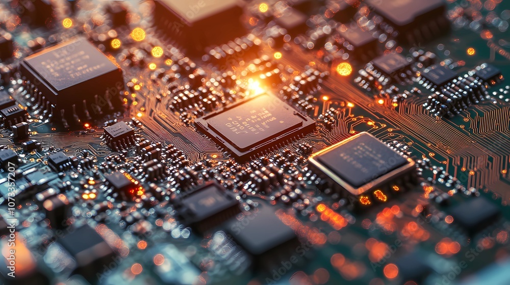 Obraz premium Abstract microchip surface texture with interconnected lines and nodes, suitable for backgrounds focused on tech, innovation, or data connectivity themes