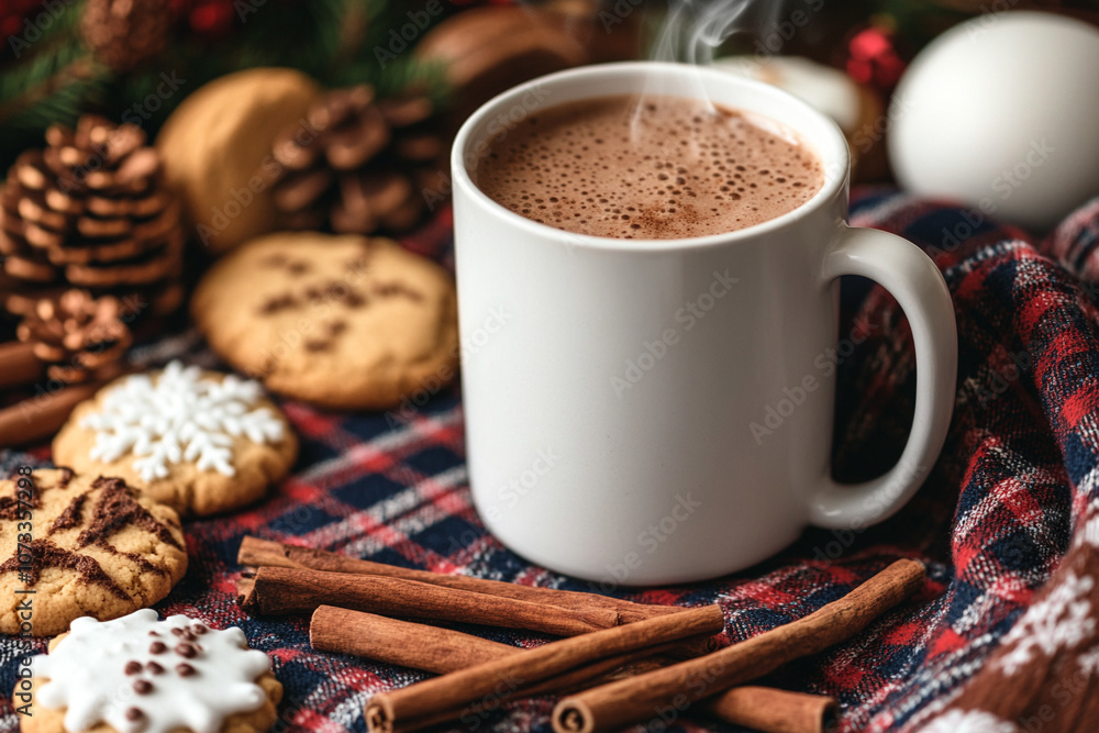 Fototapeta premium A cozy cup of hot chocolate surrounded by festive cookies and spices.