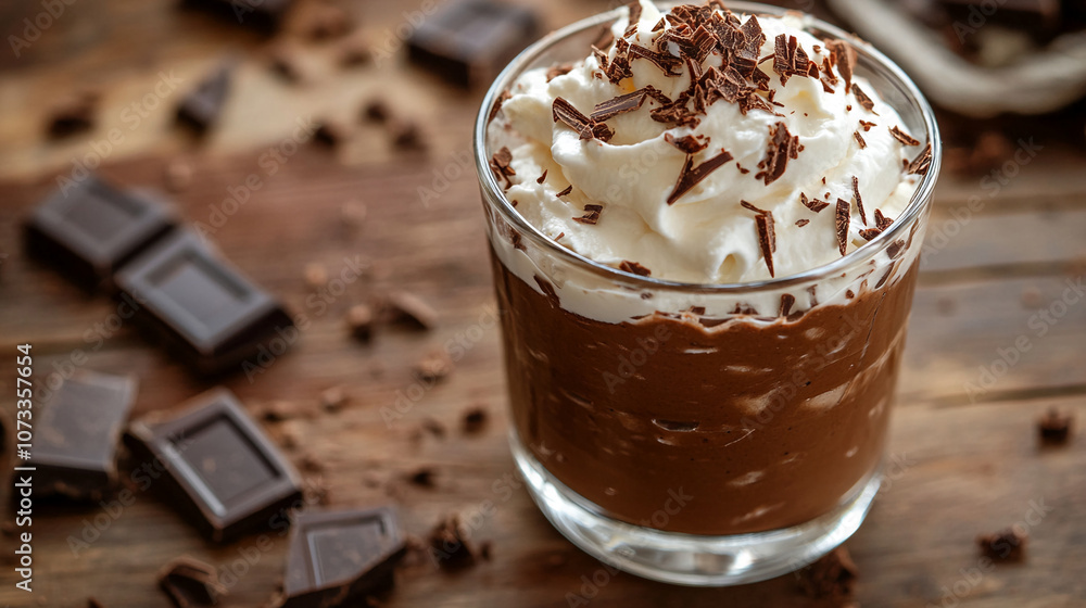 Creamy chocolate mousse with whipped cream and chocolate garnish served in glass. Gourmet dessert on wooden background. Creamy chocolate mousse with whipped cream and chocolate garnish served in glass. Gourmet dessert on wooden background.