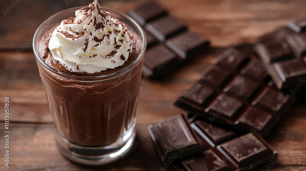 Rich chocolate mousse in glass with whipped cream and chocolate flakes. Gourmet dessert presentation on wooden background. Rich chocolate mousse in glass with whipped cream and chocolate flakes. Gourmet dessert presentation on wooden background.