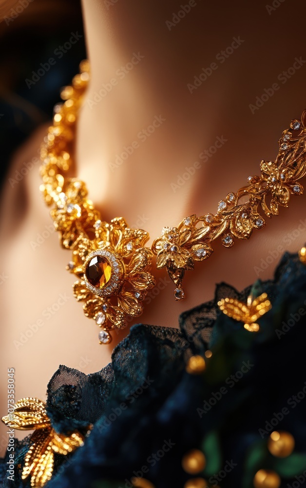 A close-up of an ornate gold necklace adorned with intricate details and a dark lace dress, showcasing elegance and luxury.