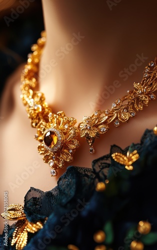 Obraz na płótnie A close-up of an ornate gold necklace adorned with intricate details and a dark lace dress, showcasing elegance and luxury. w salonie