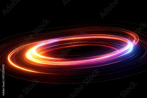 Colorful, glowing light streaks forming a circular wave pattern on a dark background, a technology concept representing the speed of data transfer and internet connection.