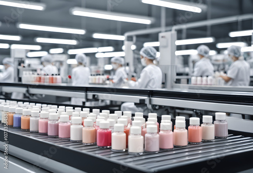 A cosmetic factory with workers and cosmetic products