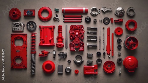 Vibrant Array of Red Mechanical Parts Displayed on a Neutral Background, Showcasing a Variety of Engine Components and Accessories for Automotive Projects