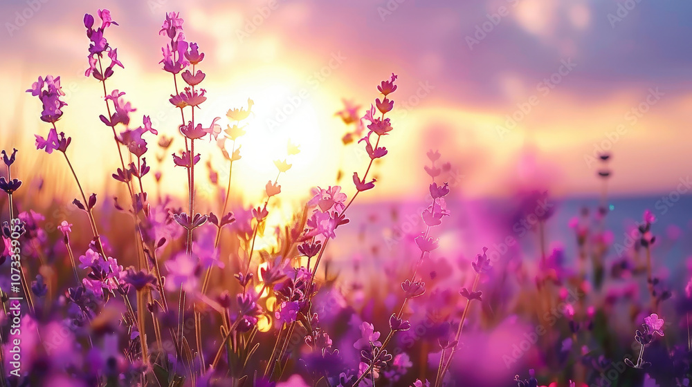 vibrant field of purple lavender flowers swaying gently in breeze, illuminated by warm sunset. scene evokes sense of tranquility and beauty in nature vibrant field of purple lavender flowers swaying gently in breeze, illuminated by warm sunset. scene evokes sense of tranquility and beauty in nature