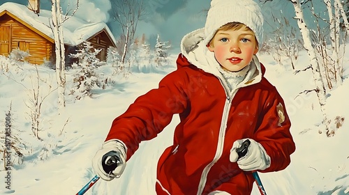 Skiing boy in red jacket enjoying winter in snowy village landscape