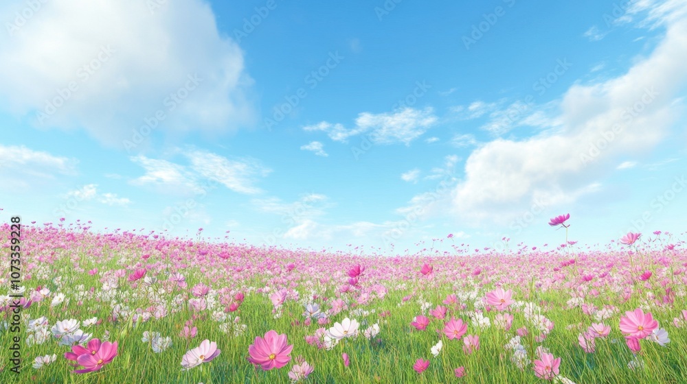 Vibrant Field of Pink and White Flowers Under a Bright Blue Sky with Soft White Clouds Spreading Across the Horizon Capturing the Beauty of Nature Vibrant Field of Pink and White Flowers Under a Bright Blue Sky with Soft White Clouds Spreading Across the Horizon Capturing the Beauty of Nature