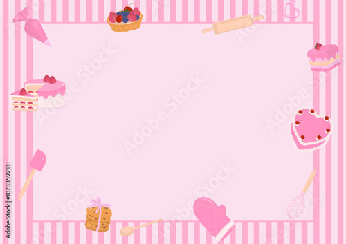 Cake and baking utensils with striped background