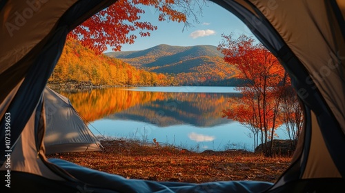 Scenic View of a Serene Autumn Lake Through a Tent with Vibrant Fall Foliage and Reflection in Calm Water, Capturing Nature's Breathtaking Beauty