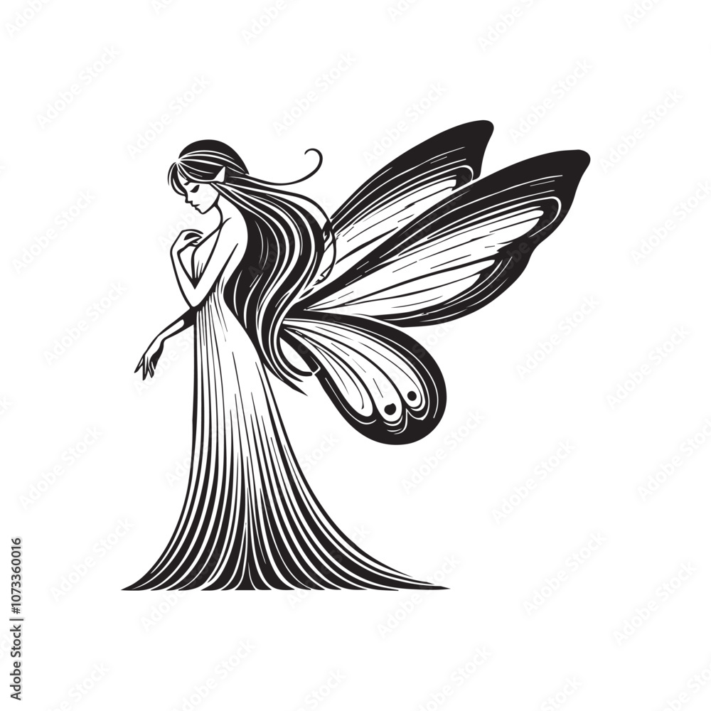 Fototapeta premium Fairy vector illustration in black and white - Tooth Fairy Clipart Design 