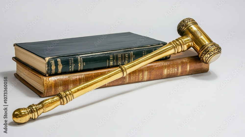 Naklejka premium Elegant Golden Gavel Resting on Stacked Vintage Law Books Against a Neutral Background, Symbolizing Justice and Legal Authority in a Professional Setting