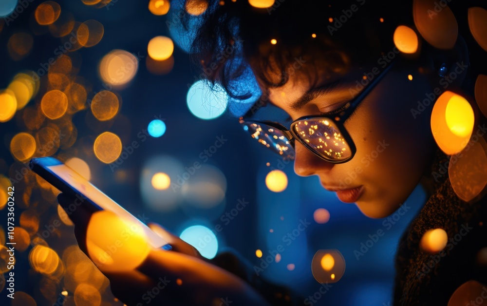 A thoughtful person peers at their phone, illuminated by soft, colorful lights, creating a warm and cozy atmosphere.