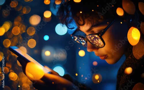 Obraz na płótnie A thoughtful person peers at their phone, illuminated by soft, colorful lights, creating a warm and cozy atmosphere. w salonie