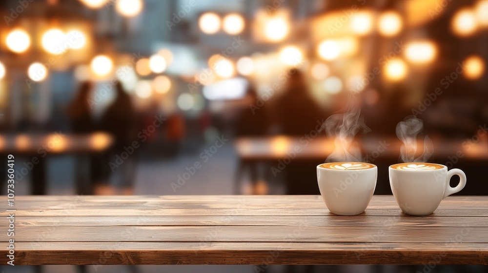 Two steaming cups of coffee on a wooden table, beautifully lit by soft lights in a cozy cafe environment. Two steaming cups of coffee on a wooden table, beautifully lit by soft lights in a cozy cafe environment.