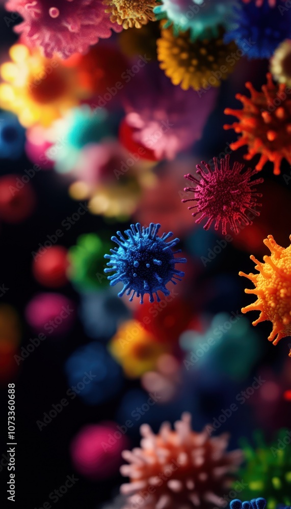 A vibrant, abstract representation of colorful, microscopic entities resembling viruses or bacteria, set against a dark background. A vibrant, abstract representation of colorful, microscopic entities resembling viruses or bacteria, set against a dark background.