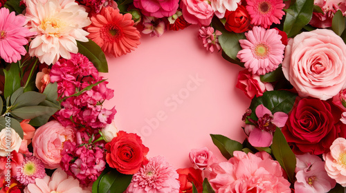 blossom flowers blooming floral festive bouquet wall fashion pink red white background with copy space. 3D fashion pastel beautiful card wallpaper