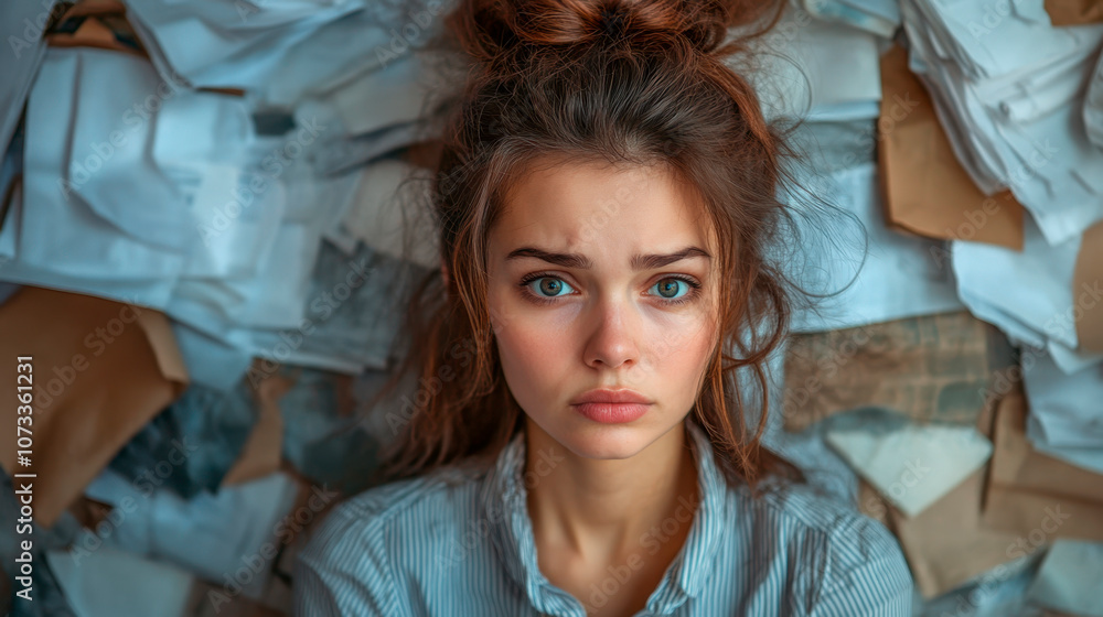 Young business woman employee unhappy with excessive hard work Young business woman employee unhappy with excessive hard work