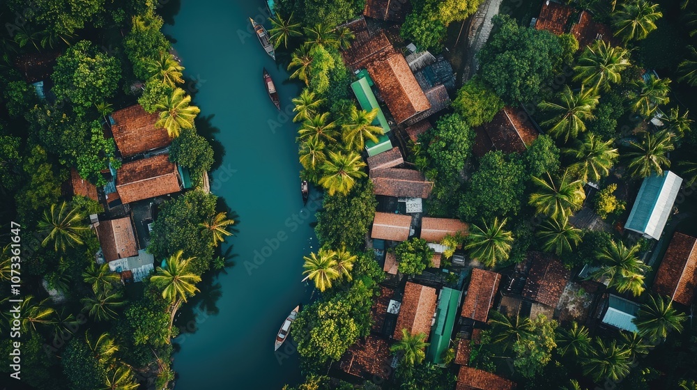 Aerial view of a lush tropical village with palm trees and a winding river. Aerial view of a lush tropical village with palm trees and a winding river.
