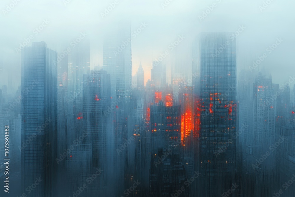 Cityscape in Morning Fog: A bustling city skyline barely visible through the morning fog. Cityscape in Morning Fog: A bustling city skyline barely visible through the morning fog.
