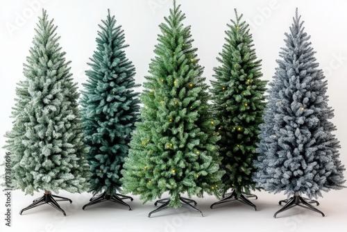 Group of five artificial Christmas trees with varied frost and green textures arranged on display against a light background evoking holiday variety and winter spirit photo