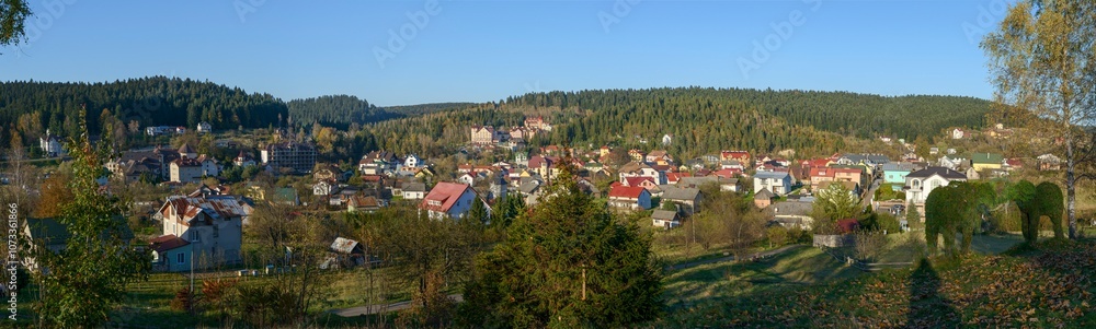 Fototapeta premium View from Landscape Park of Panteleimon the Healer, Skhidnytsia, Ukraine.