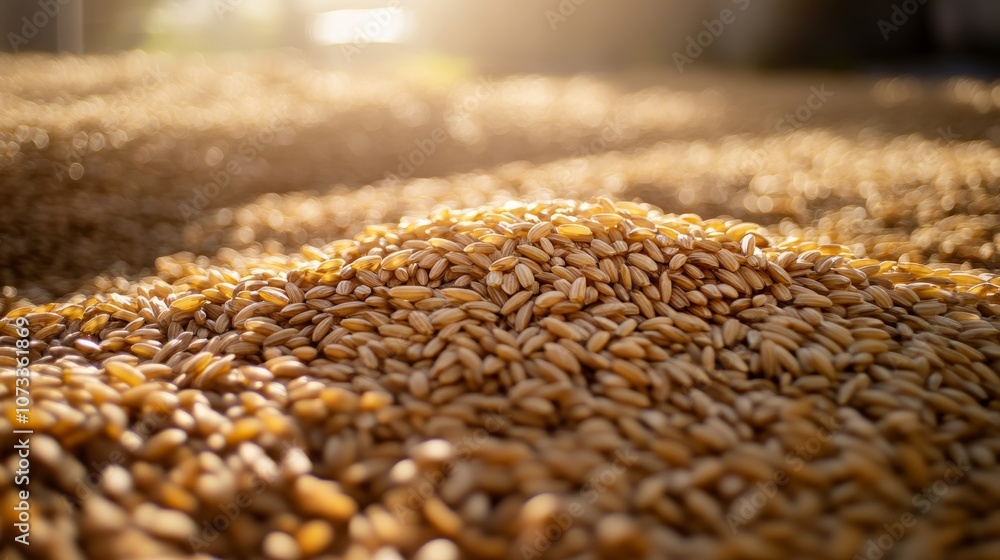 Obraz premium Close-up of grains creating a textured surface, illuminated by warm sunlight, showcasing agricultural abundance.