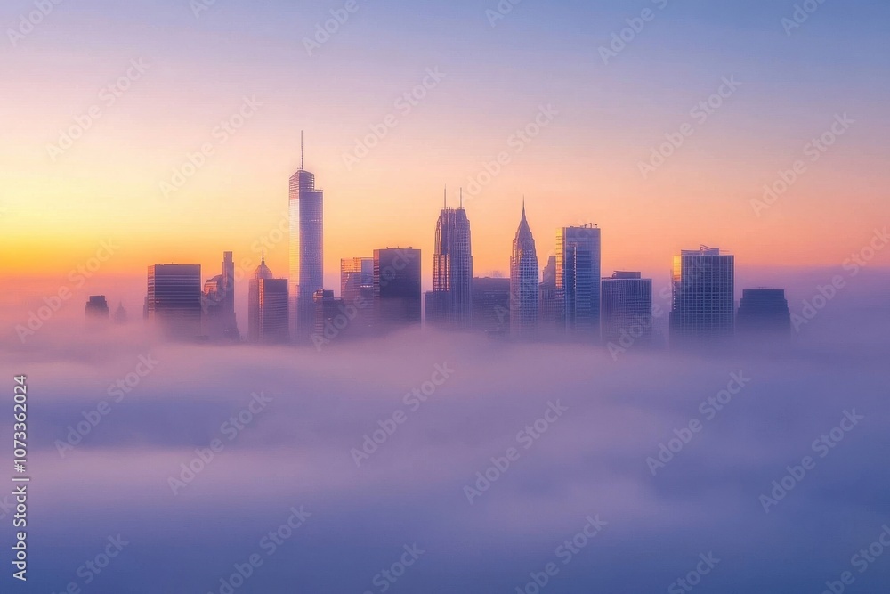 Cityscape in Morning Fog: A bustling city skyline barely visible through the morning fog. Cityscape in Morning Fog: A bustling city skyline barely visible through the morning fog.