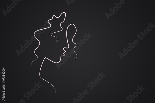 Minimal line art illustration of a beautiful woman with a curly hair on a black background. Elegant beauty aesthetics.