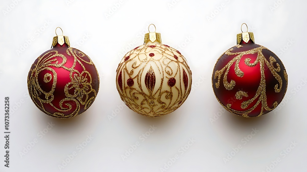 Three decorative Christmas ornaments in red and gold, showcasing intricate designs. Three decorative Christmas ornaments in red and gold, showcasing intricate designs.