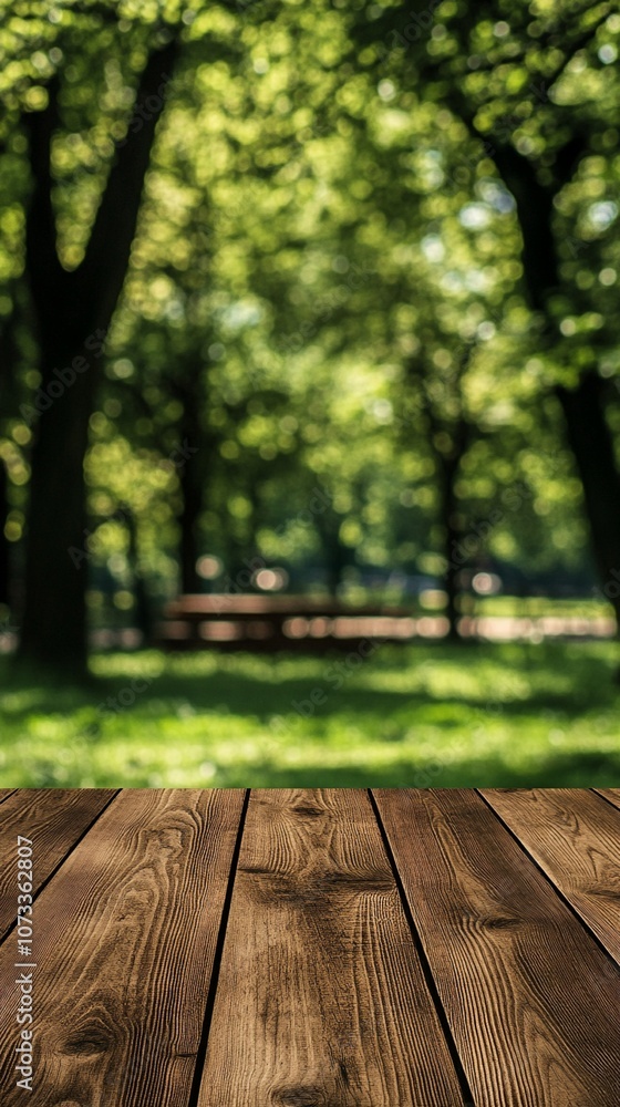 Rustic wooden deck overlooking a serene park scene with lush green trees and dappled sunlight, perfect for relaxation or outdoor dining on a warm summer day. Rustic wooden deck overlooking a serene park scene with lush green trees and dappled sunlight, perfect for relaxation or outdoor dining on a warm summer day.