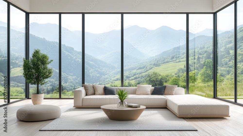 Modern Living Room with Scenic Mountain View, Stylish Furniture, Bright Natural Light, and Elegant Minimalist Decor in a Tranquil Environment Modern Living Room with Scenic Mountain View, Stylish Furniture, Bright Natural Light, and Elegant Minimalist Decor in a Tranquil Environment
