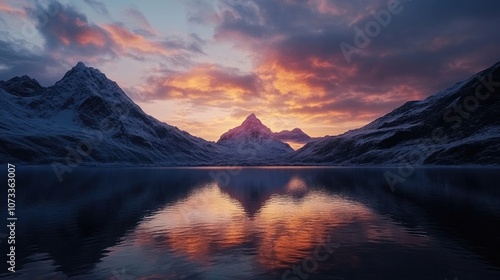 Wallpaper Mural A serene lake reflects the vibrant hues of a stunning sunset, framed by snow-capped mountains. Torontodigital.ca