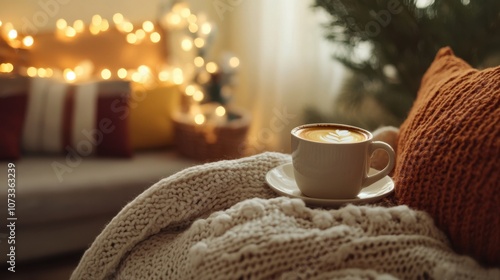 Cozy Winter Scene with Coffee Mug, Warm Wool Blanket, Soft Pillow, and Glowing Fairy Lights in a Stylish Living Room Setting