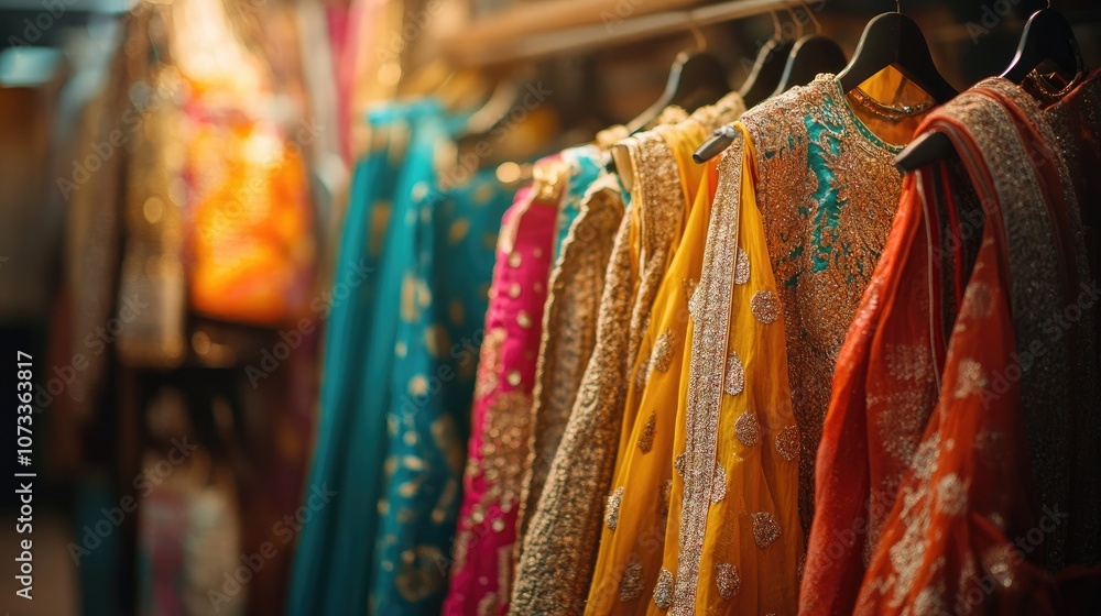 A rack of vibrant saris in a variety of colors and textures, ready to be worn for a special occasion. A rack of vibrant saris in a variety of colors and textures, ready to be worn for a special occasion.