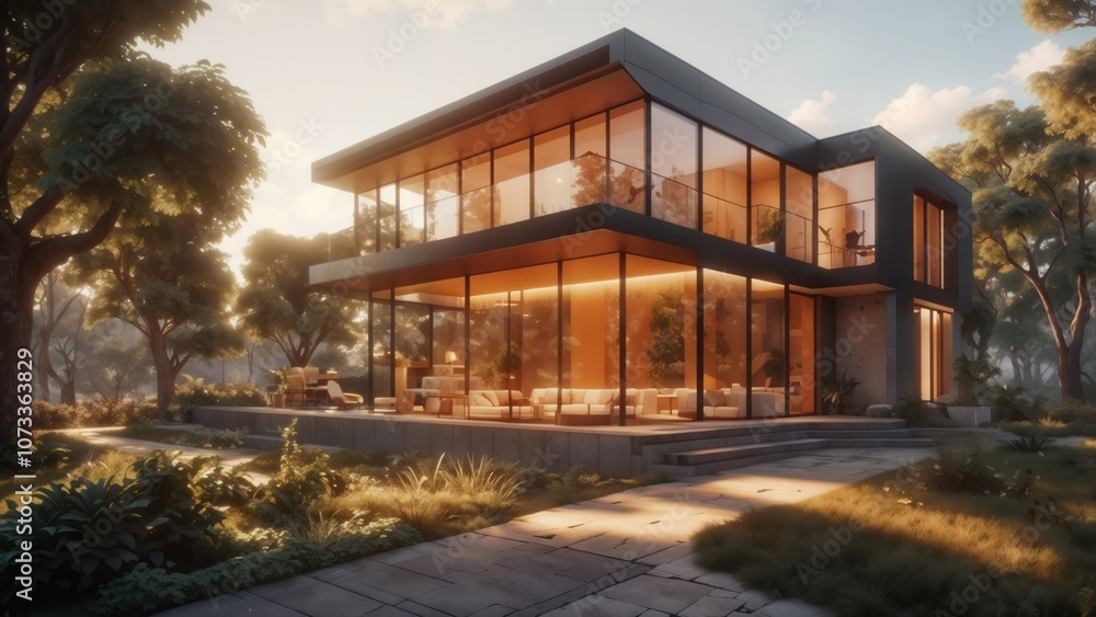 Modern Glass House Architecture, Forest, Sunset, Luxury Home Modern Glass House Architecture, Forest, Sunset, Luxury Home