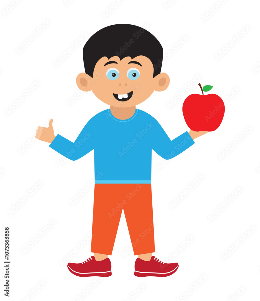 kid boy cartoon character with red apple icon kid boy cartoon character with red apple icon