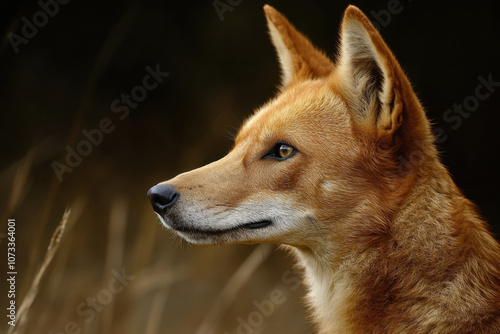 Profile of a wild dingo with striking amber eyes, surrounded by a natural, earthy backdrop, showcasing its alert and majestic presence. photo