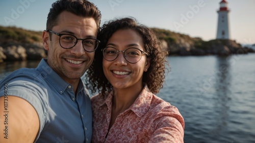 Couple Selfie by the Sea: Lighthouse, Love, and Coastal Charm