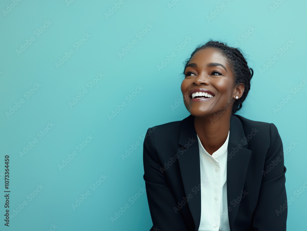 Black happy businesswoman smile on blue background with copy space
