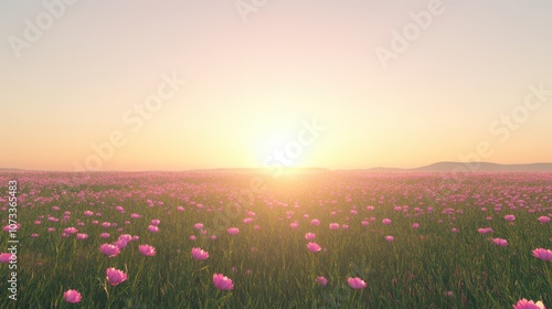 Serene Sunrise Over Vast Field of Blooming Pink Flowers with Soft Pastel Sky and Gentle Horizon in Early Morning Light