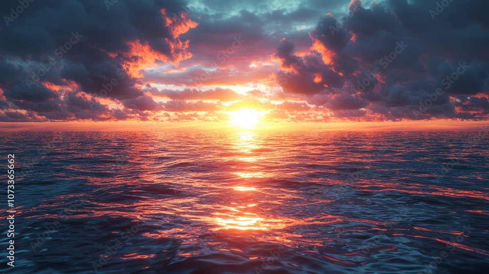 Fototapeta premium Breathtaking sunset illuminates the tranquil ocean waters with vibrant hues and reflective beauty